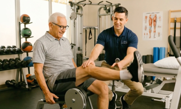 Rehabilitation therapist working with a patient on gait recovery in a bright PT setting